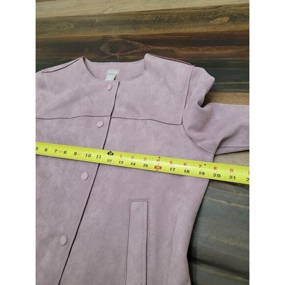 Chico's Faux Scuba Suede Jacket Lavender Button Down W Pocket Soft Size 1 (8/10) - Picture 9 of 10